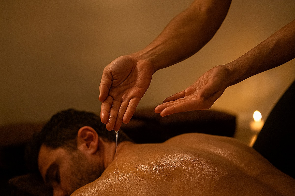 Warm oil being poured for a Swedish relaxation massage at Lovely Addis Girls Massage